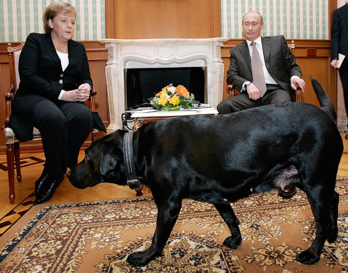 Germany's Angela Merkel watches uneasily as Putin's dog Koni approaches in 2007.