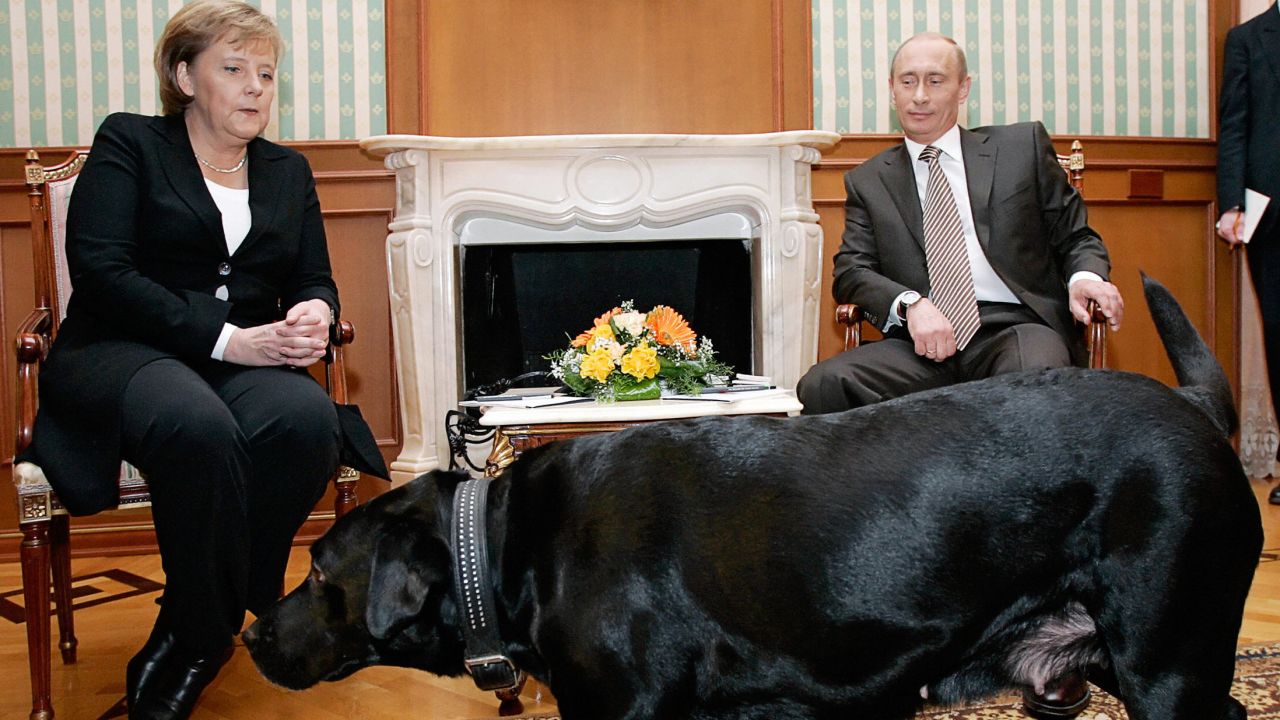 Germany's Angela Merkel watches uneasily as Russian President Vladimir Putin's dog approaches in 2007.