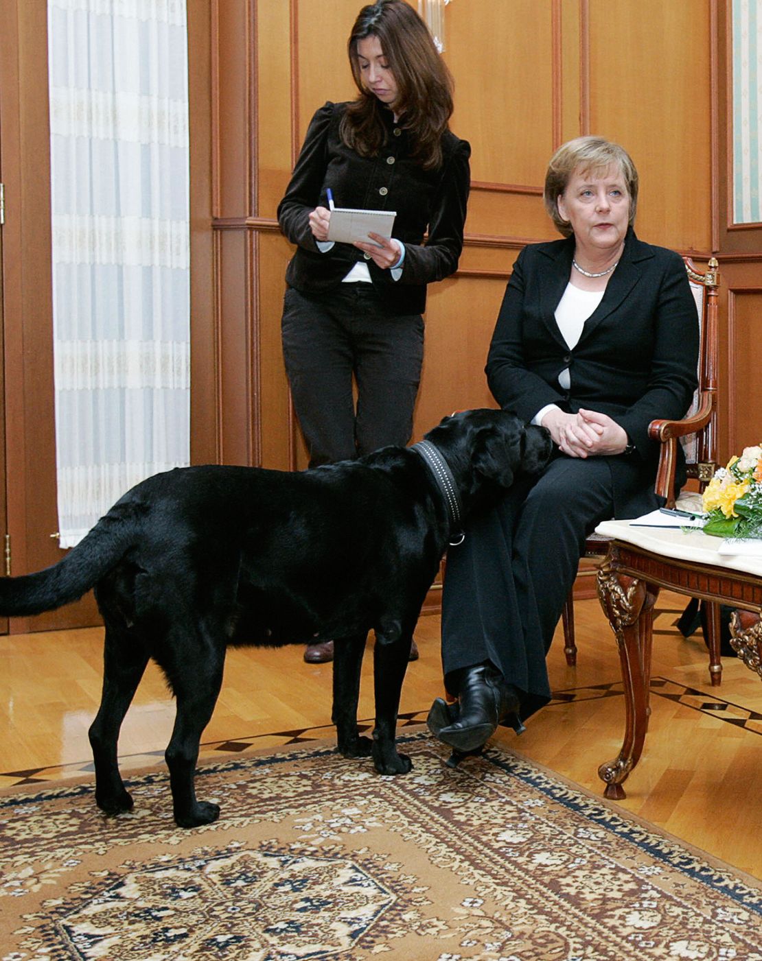 Merkel looks uncomfortable as Putin's Labrador Koni comes near her in Sochi, Russia, in 2007.