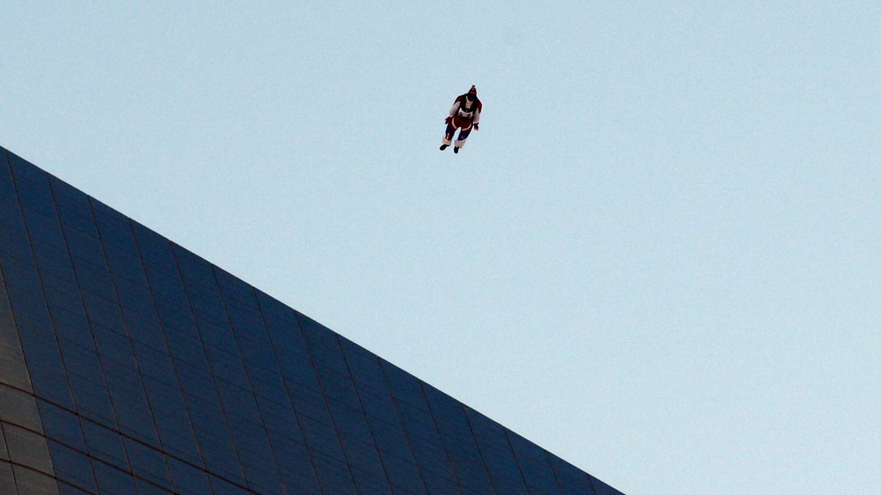 Australian Chris McDougall jumps from the top of Al Hamra Tower<strong> </strong>-- approximately 1,355 feet high --<strong> </strong>in March 2013.