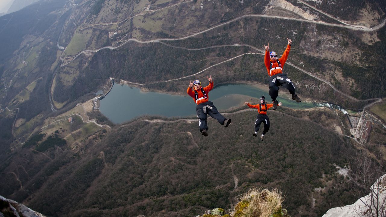 Fred Fugen, Vince Reffet and Jean-Phi Teffaud enjoy a March 2012 jump in Les Gorges de la Bourne, a canyon formed by the Bourne River in southeastern France.
