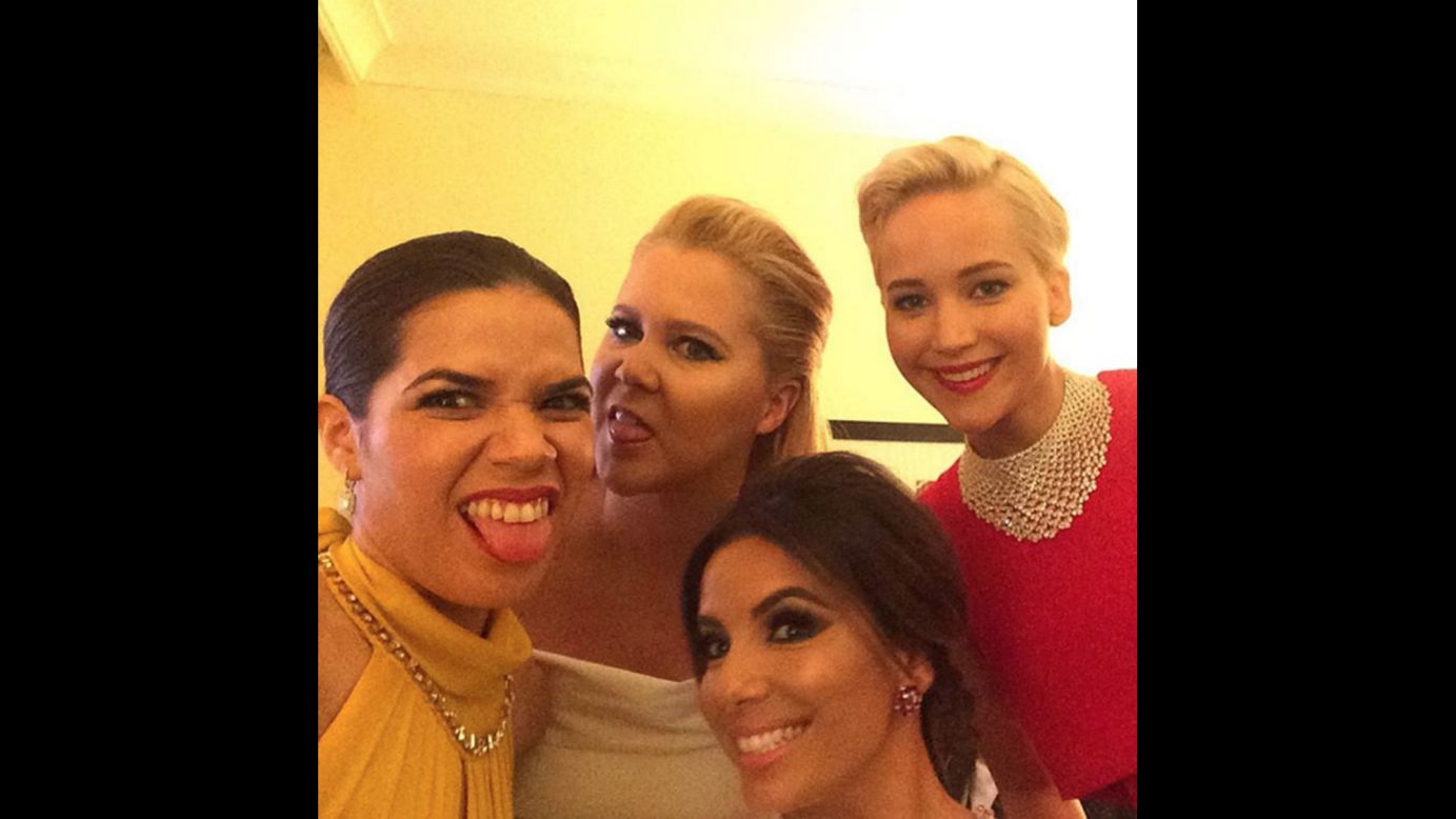 From left, actresses America Ferrera, Amy Schumer, Eva Longoria and Jennifer Lawrence take a selfie together at the Golden Globe Awards. "Really good light back here in the presenters green room," <a href="https://www.instagram.com/p/BAYXRsQyahl/?taken-by=americaferrera" target="_blank" target="_blank">Ferrera said on Instagram</a> on Sunday, January 10.