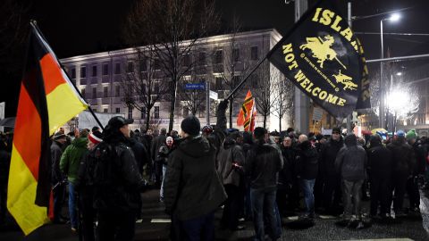 Protesters from the far-right PEGIDA movement attend a rally in Leipzig on Monday.
