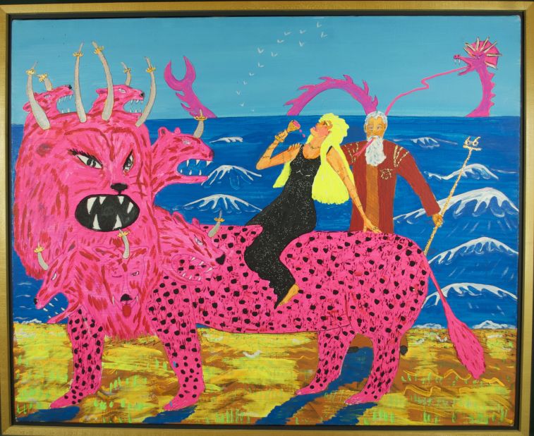 Folk artist Robert Roberg's 1991 image appeared on the front cover of the New York Times in 2005. The Whore, astride the neon-pink Beast, downs a glass of red wine while a shocked-looking elderly John looks on in amazement. This image is a playful attempt to satirize the materialism and sexual immorality that fundamentalist Christians find pervasive in contemporary American society.