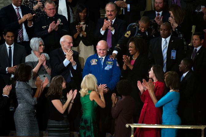 Astronaut Scott Kelly is recognized in the House chamber during Obama's State of the Union address in 2015.