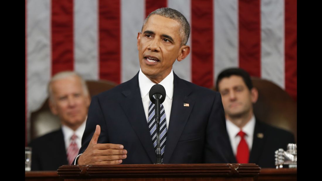 President Barack Obama delivers his final State of the Union address before a joint session of Congress on Capitol Hill on Tuesday, January 12.