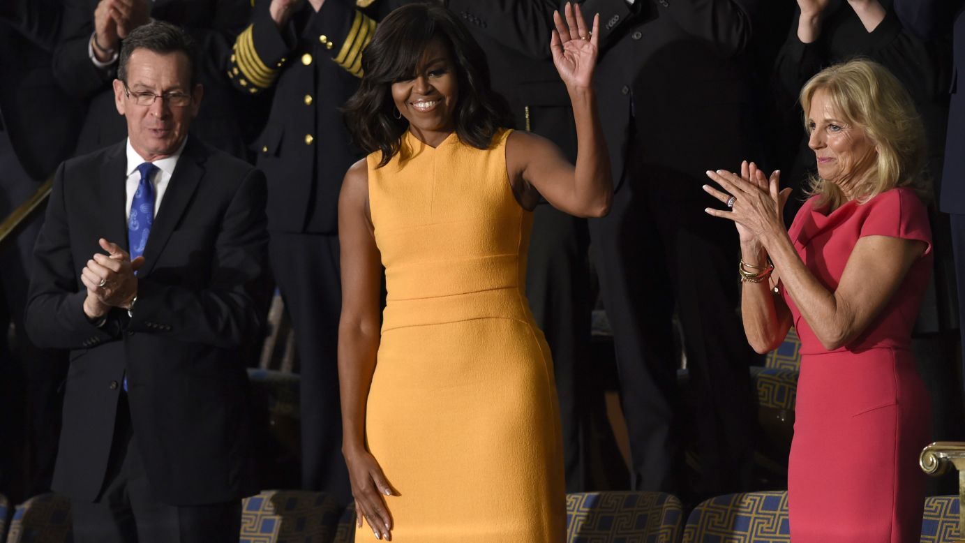 President Obama made headlines with his final State of the Union address on Tuesday, January 12, but it was Michelle Obama who was trending on Facebook afterward. The first lady wore a marigold dress by designer Narciso Rodriguez that sold out online before her husband's speech was over. Here's a look at some of her other fashion choices.
