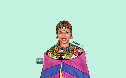 He has not only put artists in authentic African clothes but given them African names. Beyonce has been named Beyonce Lankenua Carter.
