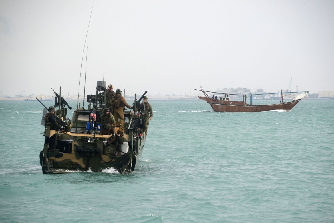 Sailors travel the Persian Gulf in a riverine command boat during a training exercise in January 2014.