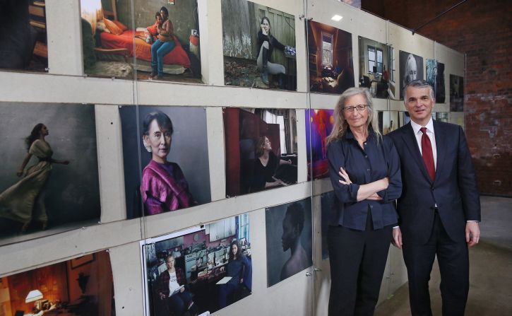 Leibovitz (seen here with UBS CEO Sergio P. Ermotti) was commissioned by UBS for the series. The photos will be shown in 10 cities over the next year. 