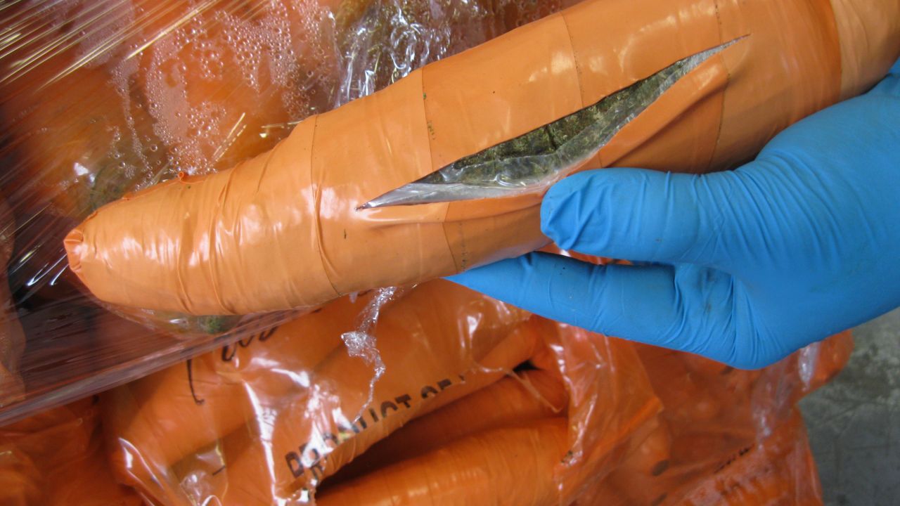Almost 3,000 carrot-shaped packages were discovered mixed in with real carrots.