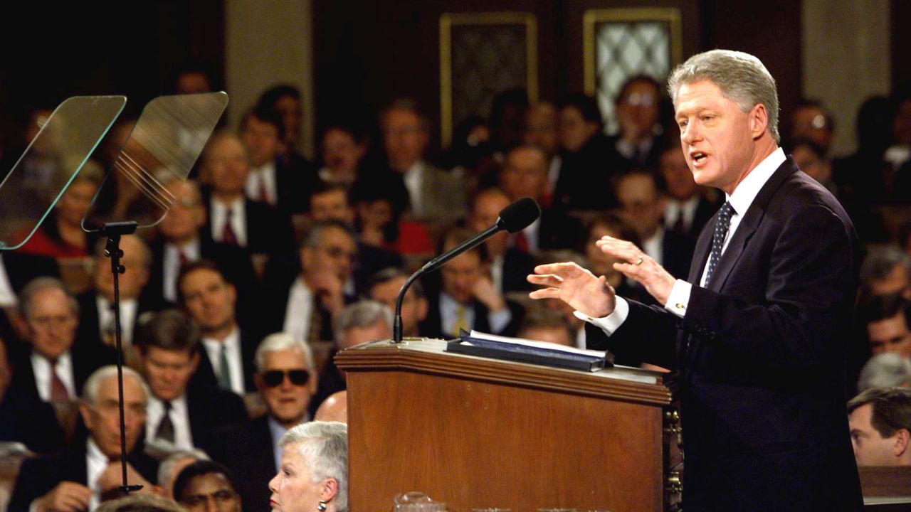 WASHINGTON, DC - JANUARY 19:  US President Bill Clinton addresses members of Congress 19 January from the House podium during his State of the Union Address on Capitol Hill in Washington, DC.  Clinton is addressing the congress following the opening of his Senate defense of the impeachment charges brought by the House of Representatives.     (ELECTRONIC IMAGE)  (Photo credit should read WIN MCNAMEE/AFP/Getty Images)