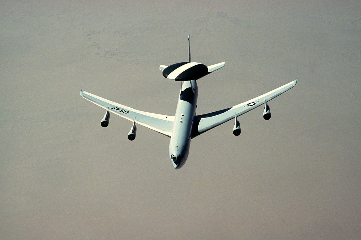 AWACS stands for airborne warning and control system. This four-engine jet, based on a Boeing 707 platform, monitors and manages battle space with its huge rotating radar dome. The planes have a flight crew of four supporting 13 to 19 specialists and controllers giving direction to units around the battle space. The Air Force has 32 E-3s in inventory.