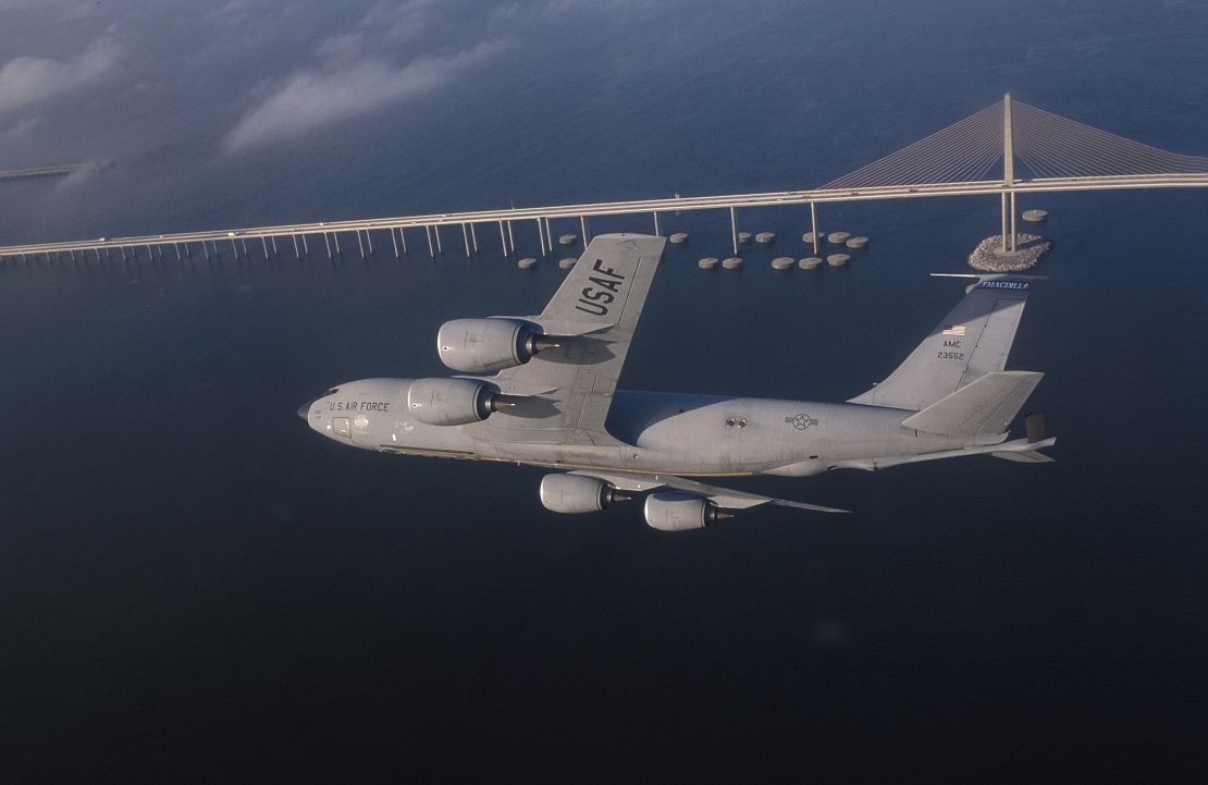 KC-135R Stratotanker is shown over a Florida bridge.