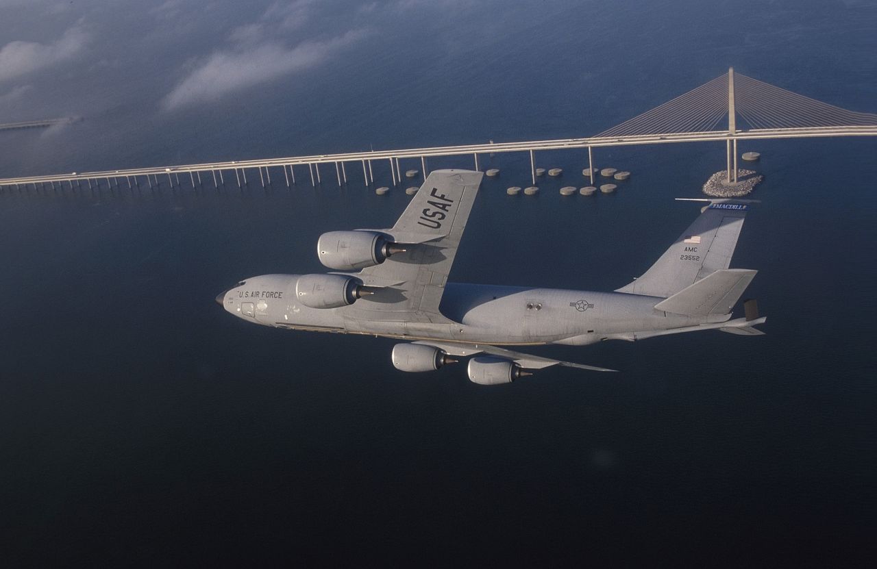 The four-engine KC-135 joined the Air Force fleet in 1956 as both a tanker and cargo jet. It can carry up to 200,000 pounds of fuel and 83,000 pounds of cargo and passengers in a deck above the refueling system. More than 400 of the KC-135s are flown by active, Air Guard and Reserve units.