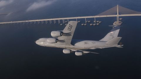 KC-135R Stratotanker is shown over a Florida bridge.