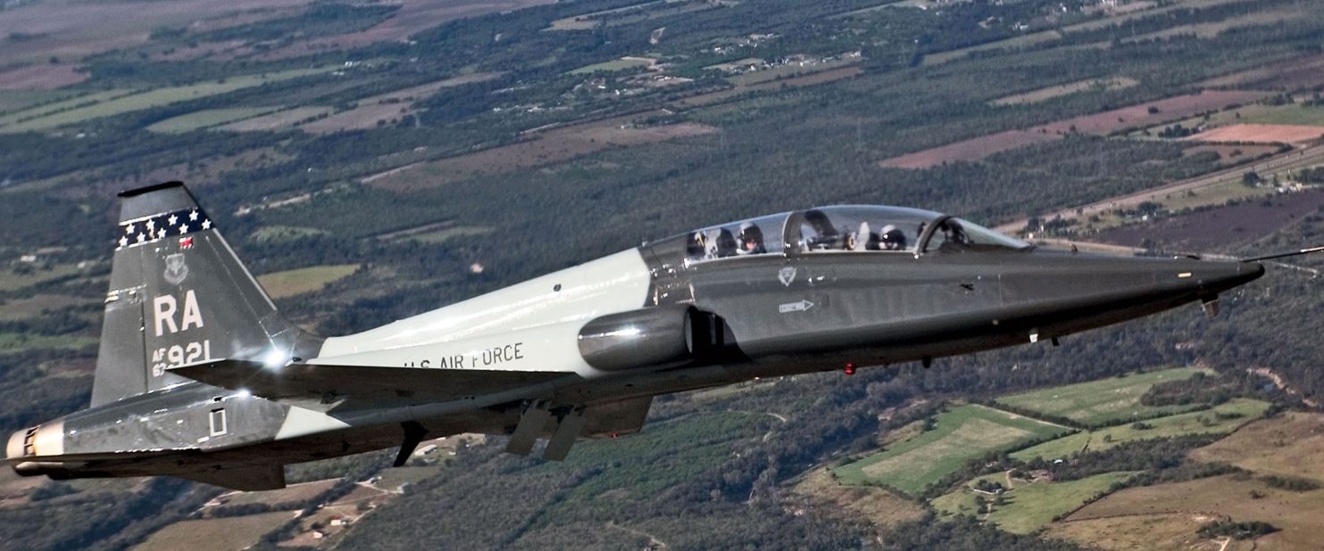 The twin-engine jet trainer, used by the Air Force to prepare pilots for the F-15E Strike Eagle, F-15C Eagle, F-16 Fighting Falcon, B-1B Lancer, A-10 Thunderbolt and F-22 Raptor, first flew in 1959. Almost 550 are in the active force.