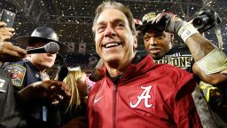 GLENDALE, AZ - JANUARY 11:  Head coach Nick Saban of the Alabama Crimson Tide celebrates after defeating the Clemson Tigers in the 2016 College Football Playoff National Championship Game at University of Phoenix Stadium on January 11, 2016 in Glendale, Arizona.  The Crimson Tide defeated the Tigers with a score of 45 to 40.  (Photo by Christian Petersen/Getty Images)