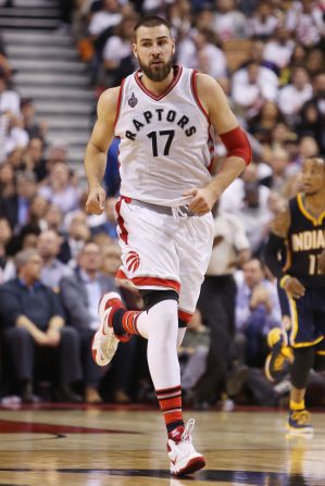 Lithuanian Jonas Valanciunas (#17) is one of seven non-Americans on the Raptors' roster -- leading the NBA for international players. 