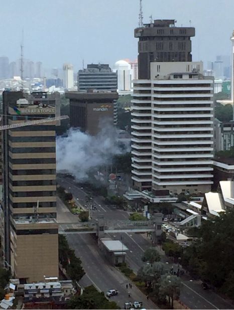 Smoke billows from an explosion in downtown Jakarta on January 14.