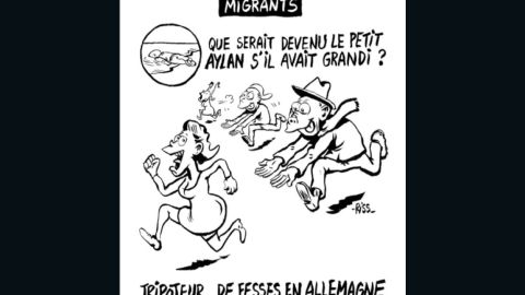 This controversial Charlie Hebdo cartoon by acting editor Laurent "Riss" Sourisseau reads: "What would little Aylan have grown up to be? (A) groper in Germany."
