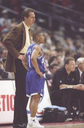 Bogues stands alongside Charlotte Hornets coach Dave Cowens during a win over the Washington Bullets -- his first NBA team. Bogues was the No. 12 overall pick in the first round of the 1987 draft.