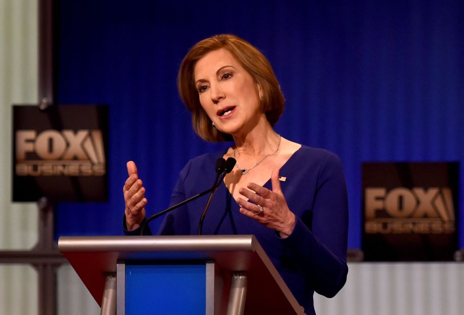 Fiorina makes a point during the undercard debate. "The state of our economy is not strong," she said in her opening comments. "We have record numbers of men out of work. We have record numbers of women living in poverty. We have young people who no longer believe that the American dream applies to them. ... It's time to take our country back."