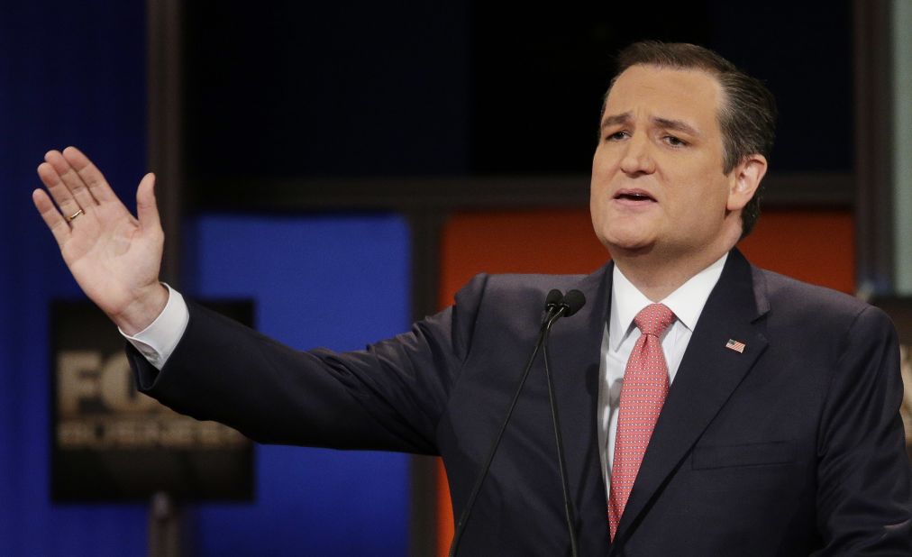 Cruz speaks during the debate. The senator from Texas opened the event by talking about the U.S. sailors recently detained by Iran. "Today," he said, "many of us picked up our newspapers, and we were horrified to see the sight of 10 American sailors on their knees, with their hands on their heads. ... I give you my word, if I am elected president, no service man or service woman will be forced to be on their knees, and any nation that captures our fighting men will feel the full force and fury of the United States of America."