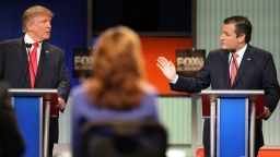 Donald Trump and Ted Cruz participate in the Fox Business Network Republican presidential debate at the North Charleston Coliseum and Performing Arts Center on January 14, 2016, in North Charleston, South Carolina.