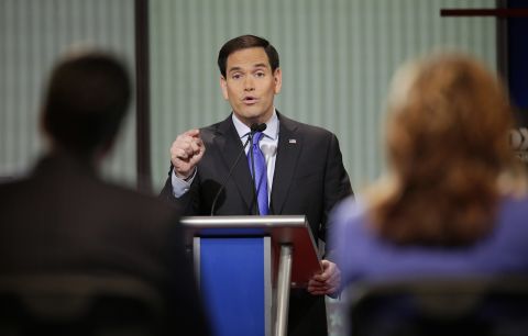 Rubio delivers an answer during the debate. He frequently attacked President Barack Obama. "When I become president of the United States, on my first day in office, we are going to repeal every single one of his unconstitutional executive orders," the senator from Florida said. "When I'm president of the United States, we are getting rid of Obamacare and we are rebuilding our military."