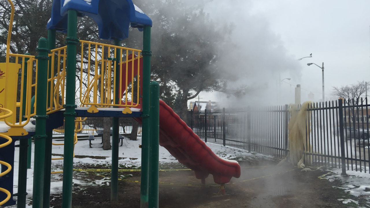 Students aren't allowed to use the playground. It's too hot because of steam wafting onto it.