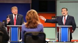 NORTH CHARLESTON, SC - JANUARY 14:  Republican presidential candidates (L-R) Donald Trump and Sen. Ted Cruz (R-TX) participate in the Fox Business Network Republican presidential debate at the North Charleston Coliseum and Performing Arts Center on January 14, 2016 in North Charleston, South Carolina. The sixth Republican debate is held in two parts, one main debate for the top seven candidates, and another for three other candidates lower in the current polls.  (Photo by Scott Olson/Getty Images)