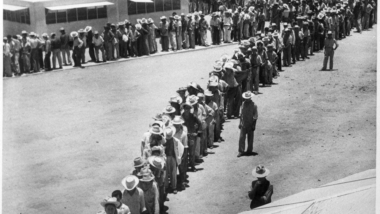 The Bracero program, a camp in South Texas. Some of the one thousand people processed daily at a detention center.
