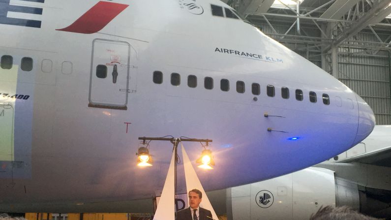 Air France CEO Alexandre de Juniac takes a moment to speak at the farewell ceremony. For 37 years, the 747 was the biggest commercial airliner in the world, until the Airbus A380 appeared in 2007. As engineers design more efficient planes, <a target="_blank" target="_blank">Delta Air Lines and other carriers</a> are expected to follow Air France and phase out their 747s in the coming years.
