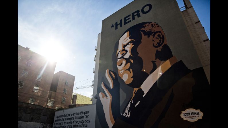 Haven't spotted John Lewis in person? You can see a mural of his image covering one side of a building at Jesse Hill Jr. Drive and Auburn Ave.
