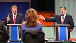 NORTH CHARLESTON, SC - JANUARY 14:  Republican presidential candidates (L-R) Donald Trump and Sen. Ted Cruz (R-TX) participate in the Fox Business Network Republican presidential debate at the North Charleston Coliseum and Performing Arts Center on January 14, 2016 in North Charleston, South Carolina. The sixth Republican debate is held in two parts, one main debate for the top seven candidates, and another for three other candidates lower in the current polls.  (Photo by Scott Olson/Getty Images)
