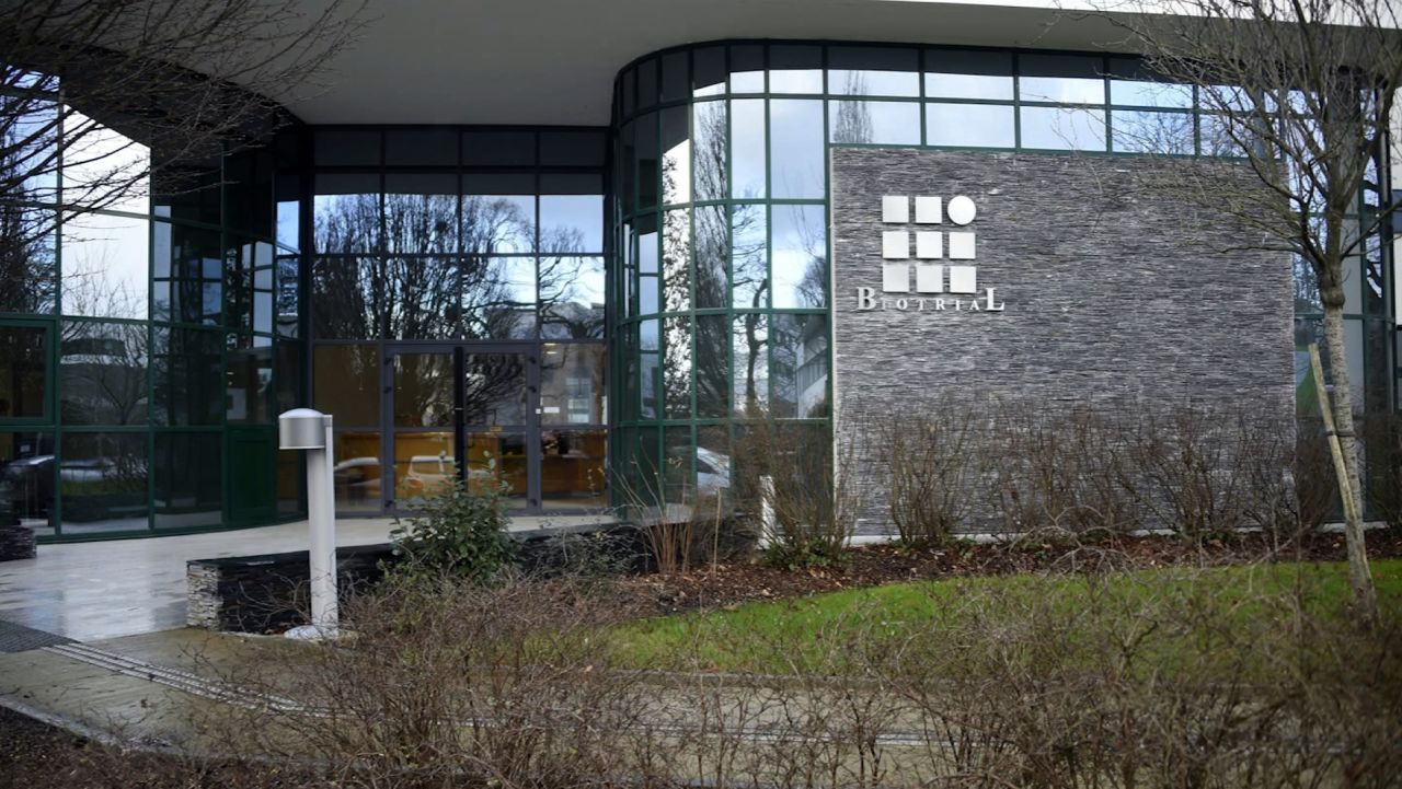 the logo of the Biotrial laboratory on its building in Rennes where a clinical trial of an oral medication left one person brain-dead and five hospitalised. The study was a phase one clinical trial, in which healthy volunteers take the medication to 'evaluate the safety of its use, tolerance and pharmacological profile of the molecule', French Health Minister Marisol Touraine said in a statement.