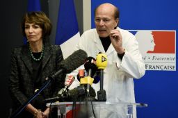 French Social Affairs and Health Minister Marisol Touraine and professor Gilles Edan hold a news conference Friday.