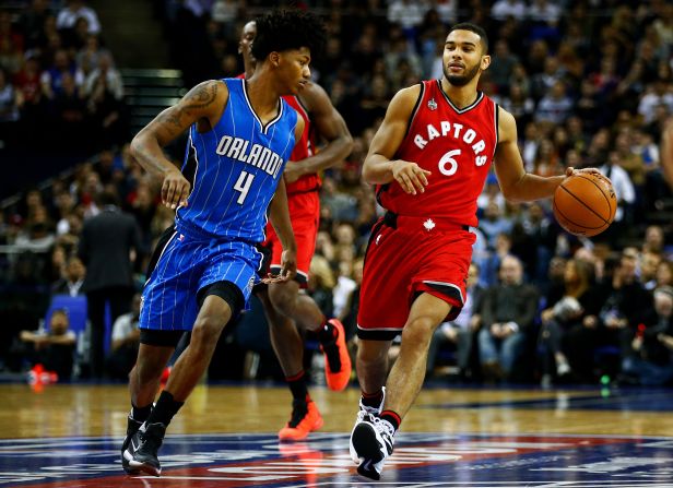 The match was wasn't resolved until the final seconds. Here Cory Joseph of the Toronto Raptors dribbles towards Elfrid Payton of the Orlando Magic.