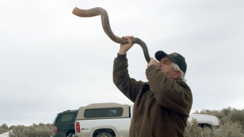 Brand Thornton sounds the shofar, an instrument made from the horn of a ram or other kosher animal.
