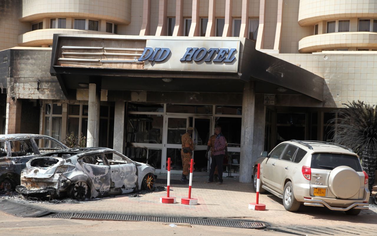 The outside of the Splendid Hotel in Ouagadougou is seen after the siege ended. Security forces launched an assault against gunmen, state broadcaster RTB said early Saturday.