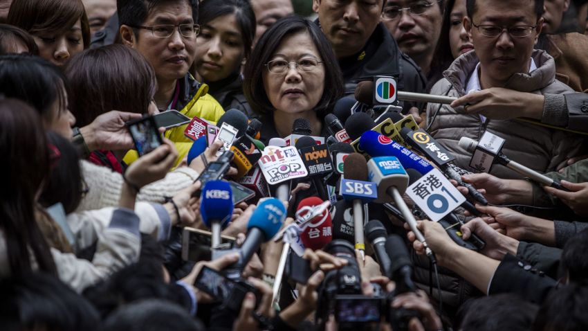 TAIPEI, TAIWAN - JANUARY 16:  Democratic Progressive Party (DPP) presidential candidate Tsai Ing-wen, talks to journalists after casting her ballot at a polling station on January 16, 2016 in Taipei, Taiwan. Voters in Taiwan are set to elect Tsai Ing-wen, the chairwoman of the opposition Democratic Progressive Party, to become the island's first female leader.  (Photo by Ulet Ifansasti/Getty Images)