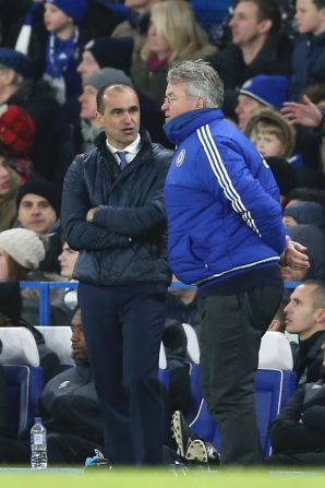 Everton manager Roberto Martinez (L) was furious with the decision to allow the goal to stand, and Chelsea counterpart Guus Hiddink (R) admitted it was a mistake by the referee.