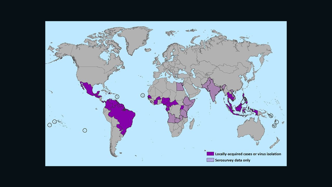 CDC map illustrates areas affected or possibly affected by the spread of Zika virus