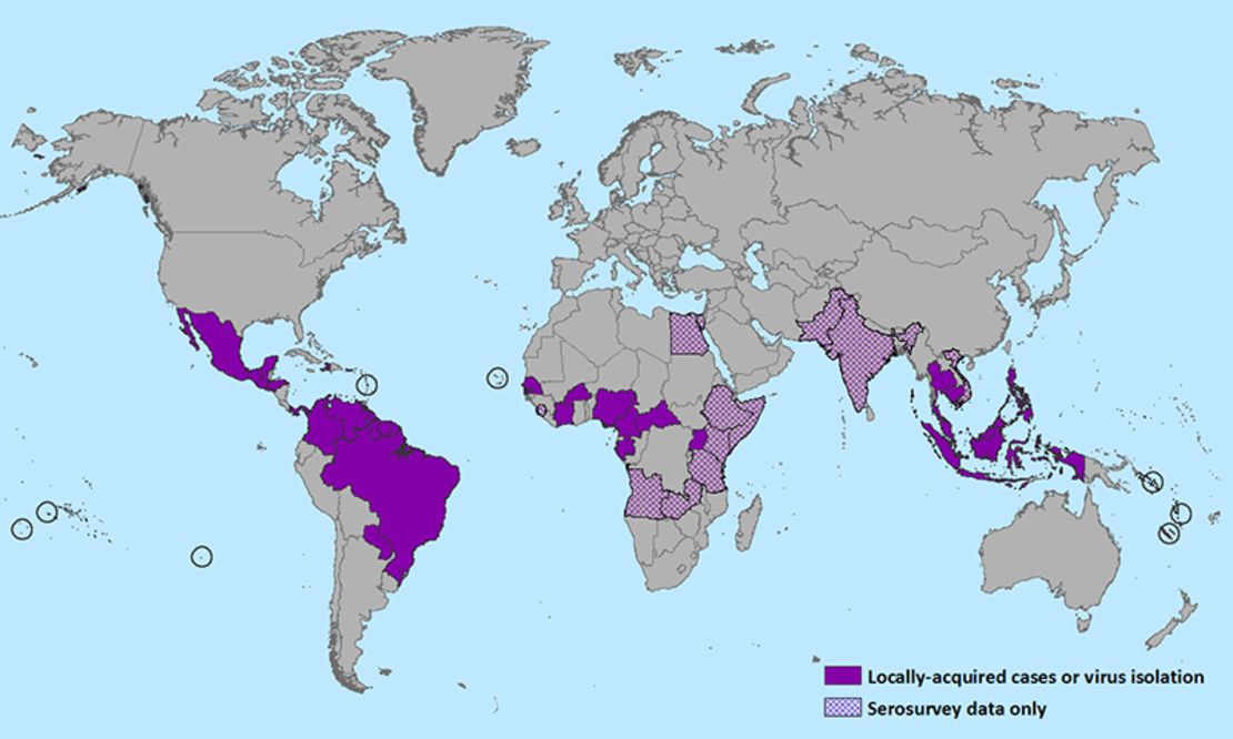 CDC map illustrates areas affected or possibly affected by the spread of Zika virus