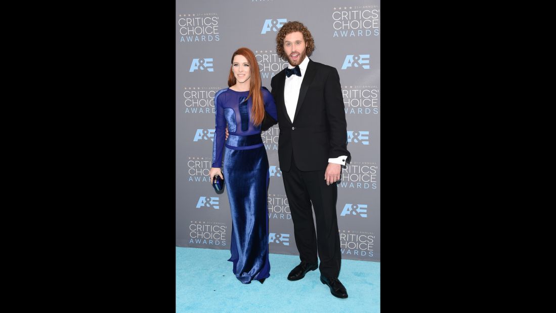 Kate Gorney  and host T. J. Miller arrive for the the 21st Annual Critics' Choice Awards at Barker Hangar on January 17 in Santa Monica, California. 
