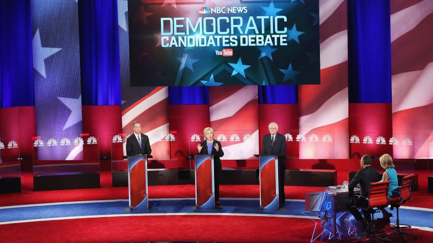 CHARLESTON, SC - JANUARY 17:  Democratic presidential candidates Martin OMalley (L), Hillary Clinton (C) and Senator Bernie Sanders (I-VT) participate in the Democratic Candidates Debate hosted by NBC News and YouTube on January 17, 2016 in Charleston, South Carolina. This is the final debate for the Democratic candidates before the Iowa caucuses.  (Photo by Andrew Burton/Getty Images)