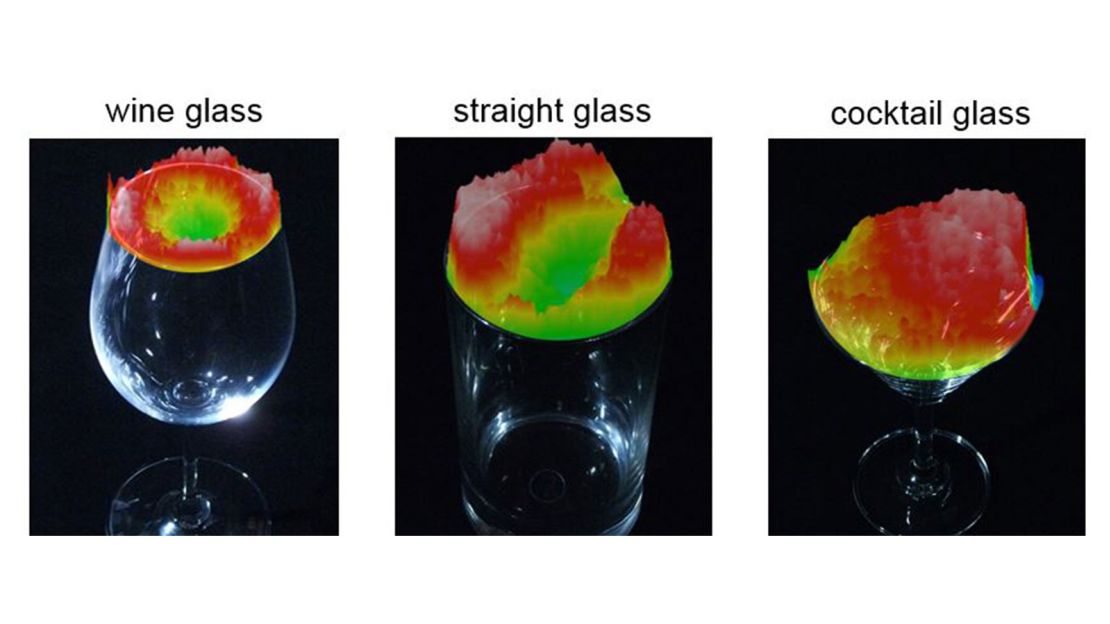 As wine warms up, molecules move up. The red color, captured by the sniff-cam, shows high intensities of ethanol vaporizing in different glasses containing wine served at 13 degrees Celsius.