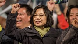 TAIPEI, TAIWAN - JANUARY 16: Tsai Ing-wen (C), waves to supporters at DPP headquarters after her election victory on January 16, 2016 in Taipei, Taiwan. Tsai Ing-wen, the chairwoman of the opposition Democratic Progressive Party, has won the presidential election to become the Taiwan's first female president.  (Photo by Ulet Ifansasti/Getty Images)