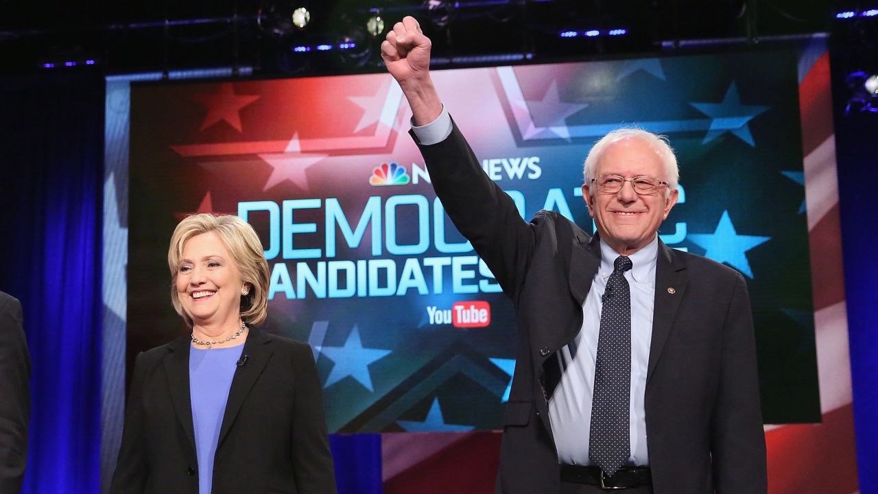 CHARLESTON, SC - JANUARY 17:  Democratic presidential candidates Martin OMalley (L), Hillary Clinton (C) and Senator Bernie Sanders (I-VT) participate in the Democratic Candidates Debate hosted by NBC News and YouTube on January 17, 2016 in Charleston, South Carolina. This is the final debate for the Democratic candidates before the Iowa caucuses.  (Photo by Andrew Burton/Getty Images)